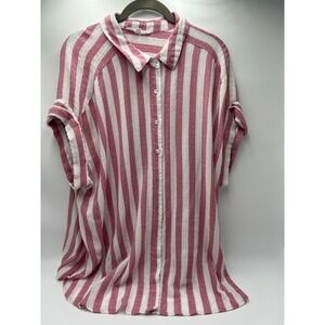 Jane + Delancey Pink White Striped Button Down Shirt Womens 1X Short Sleeve